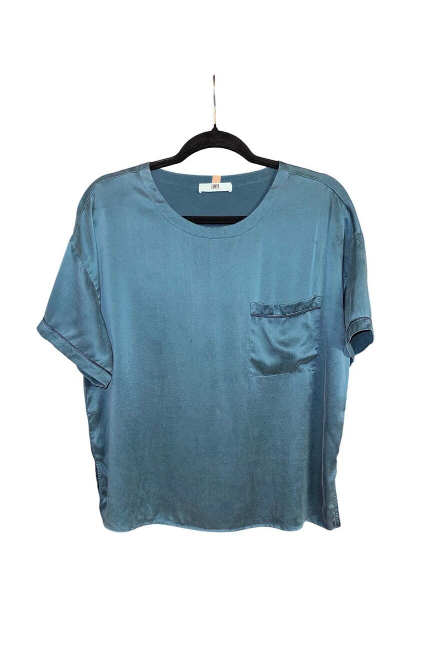Lunya Washable Silk Tee Size Small Teal Blue Short Sleeve Pocket Top